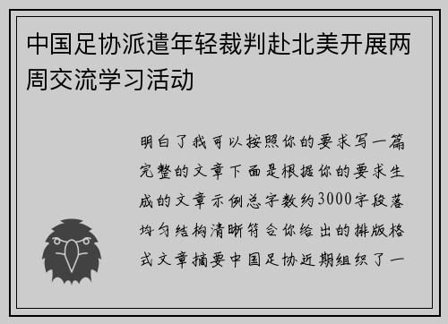 中国足协派遣年轻裁判赴北美开展两周交流学习活动 中国足协派遣年轻裁判赴北美开展两周交流学习活动