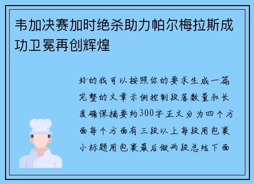 韦加决赛加时绝杀助力帕尔梅拉斯成功卫冕再创辉煌